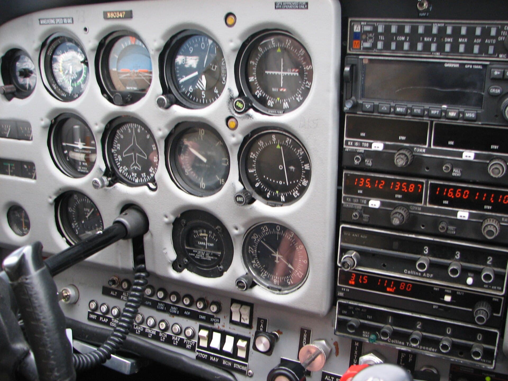 A Cessna 172 instrument panel with the six primary flight instruments arranged in the standard T.