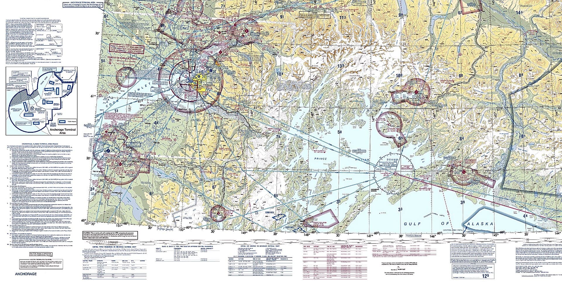 Detail of an FAA sectional aeronautical chart showing airspace boundaries, navaids and terrain.